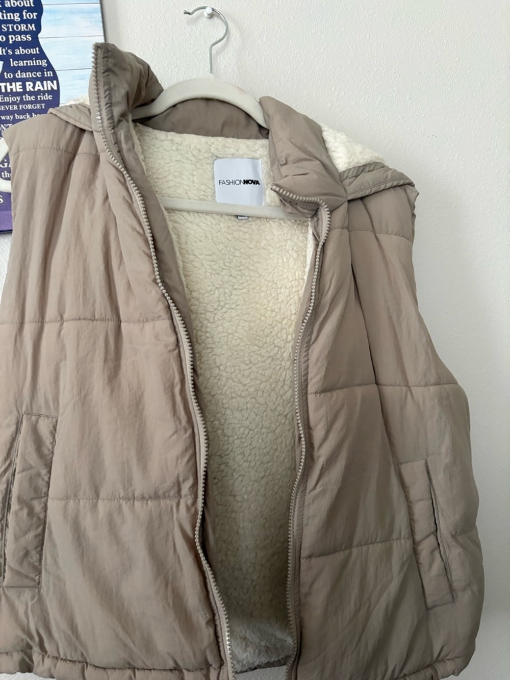 Fashion Nova Taupe Puffer Vest with Sherpa Lining